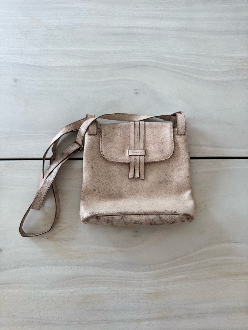 Latico Leathers Distressed Metallic Champagne Leather Crossbody Bag Boho